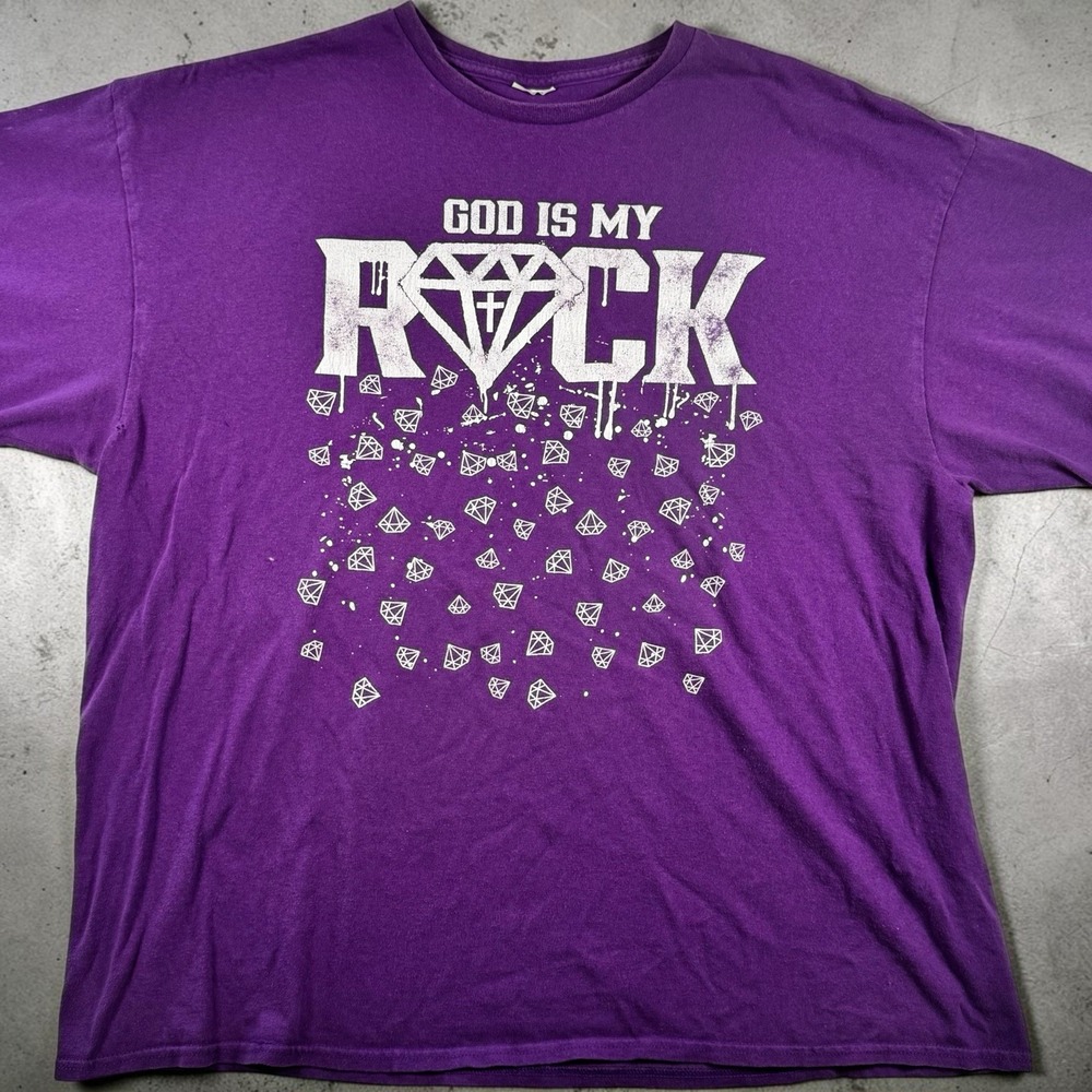 God Is My Rock Christian Graphic T Shirt Mens XL Purple Cross Faith Diamond VTG